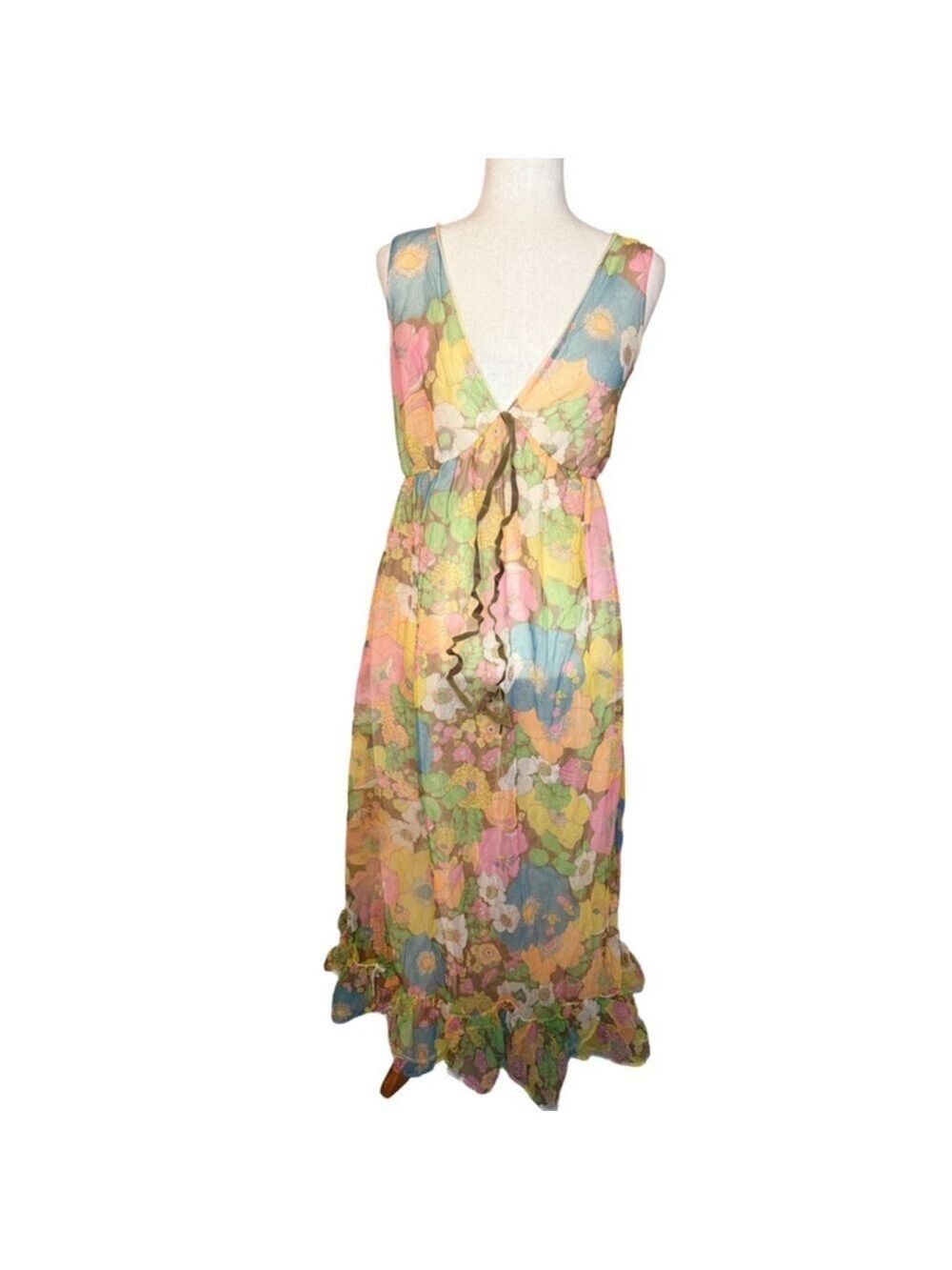 Vintage 1960s to 1970s floral chiffon maxi dress deep v- front. 100% nylon USA ￼